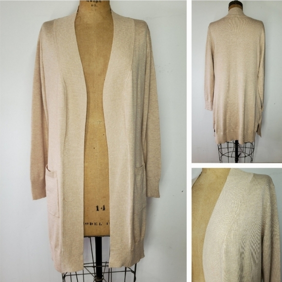 Cielo Size S/M Duster 34" Cardigan Beige Khaki Open Front Knit Sweater Pockets - Picture 2 of 12